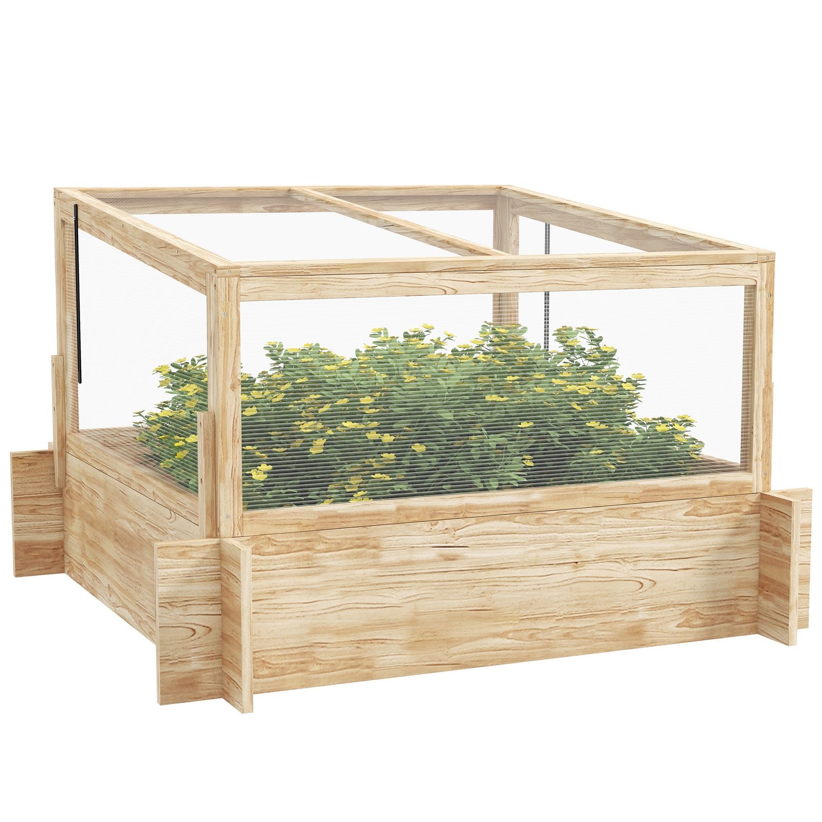 Outdoor Raised Garden Bed with Cold Frame Greenhouse and Openable Top, Wooden Elevated Planter Box for Vegetables, Flowers and Herbs, 98x98x63.5cm
